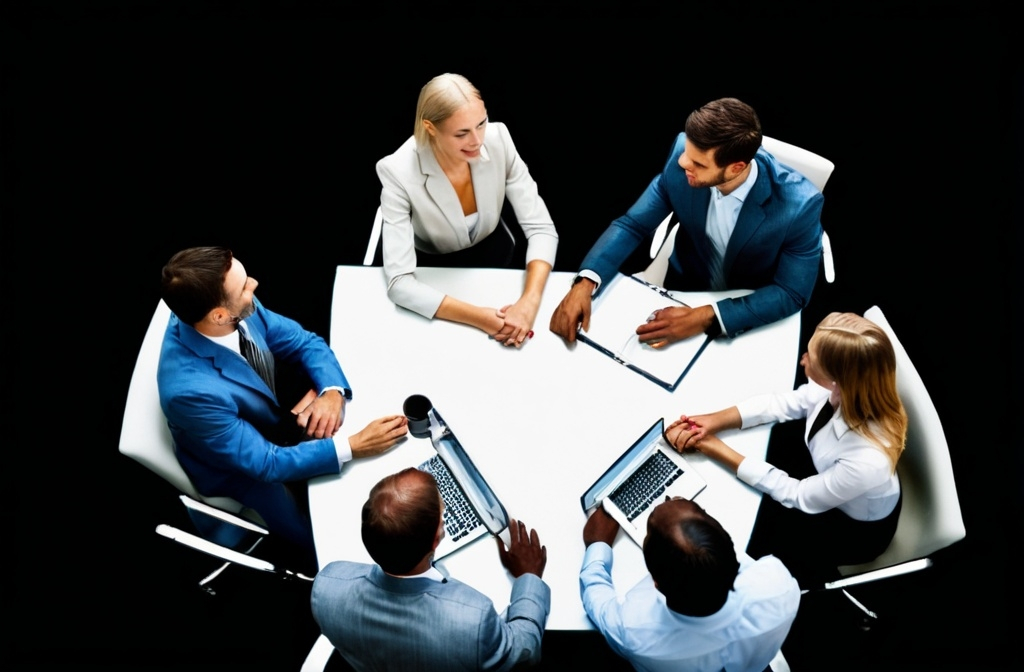 Prompt: High angle view of businesspeople shaking hands at conference table in office