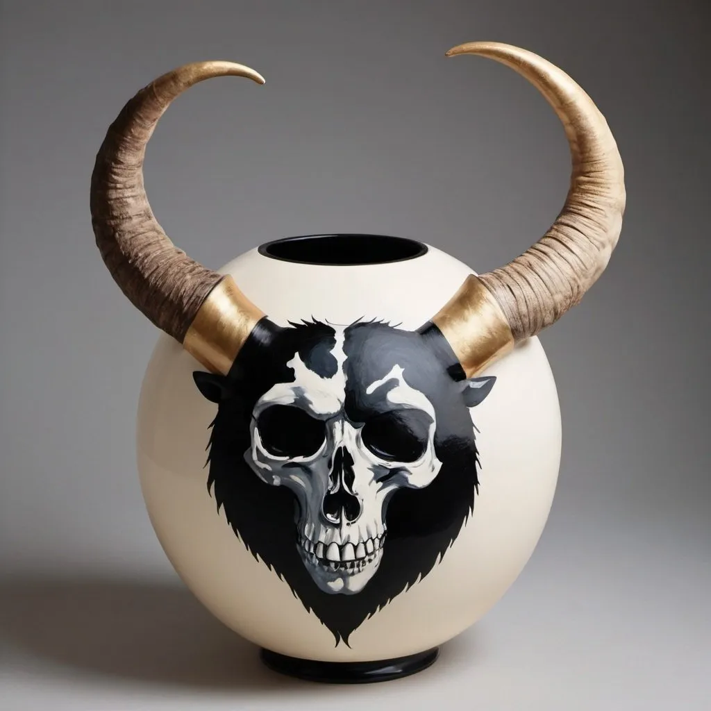 Prompt: a painted short sphere-ish vase thats painted in a way to highlight a contemporary issue: the use of animals for the sake of fashion (horns, animal prints, fur) show the negative side of fashion show faces of animal screaming in fear on the vases at the top of the vase to show death/ extiction