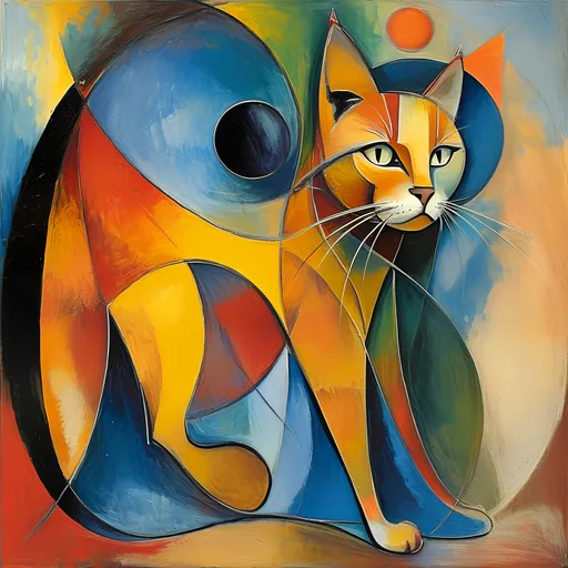 Prompt: Abstract Picasso-like Shreddinger's Cat, abstractivism, Inspired by [František Kupka], bright accent colors, fluidity, surrealism, exuberant, concise lines, high quality.