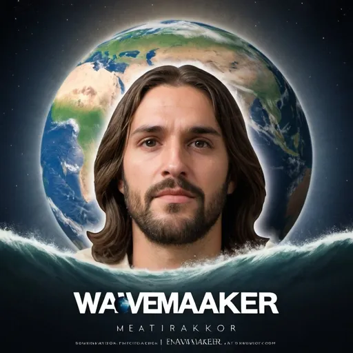 Prompt: Wavemaker title with a picture of the Earth above it, in the Earth waves. Background is soundwaves and a faded face of Jesus