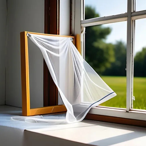 Prompt: An icon of a picture of a part of a window mosquito net mounted on a silver frame and a tool like pliers and a few meters of thread lying open on the ground next to it 
The background should be white
