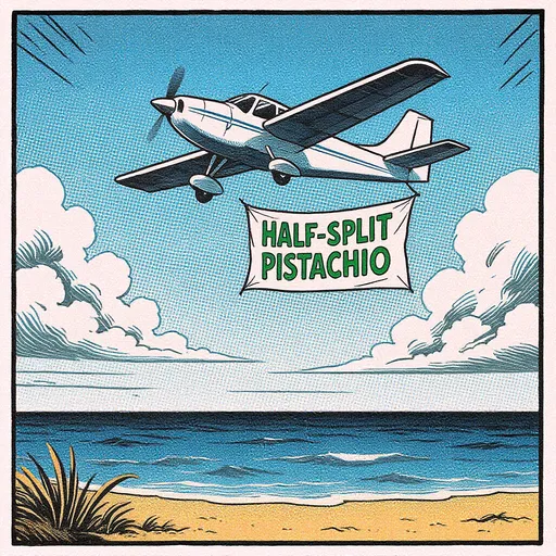 Prompt: The image is in comic-book style.

Generate an image in which the viewpoint is from a deserted beach and far away up in the sky you see a small light airplane with a small  banner attached to its tail that says in green bold letters with cool design exactly this: HALF-SPLIT PISTACHIO
