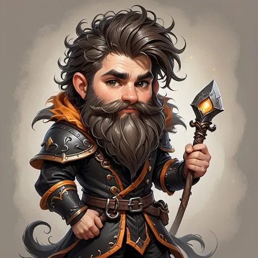 Prompt: Disegna un Nano maschio Chierico per un gioco fantasy, con una Folta barba e Capelli lunghi di colore uniforme nero, Indossa Cotta di maglia con un cappuccio di pelle bianco con i bordi dorati.