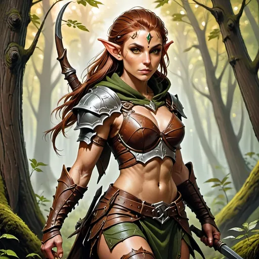 Prompt: Draw a female Wood Elf Warrior for a fantasy game, with thick rust-brown hair. She is wearing leather armor with a leather hood and typical warrior garments, but her arms are left uncovered. Her physique is lean and muscular. The clothing colors are those of nature, with bright and light tones, predominantly green and yellow, to reflect her rank as a warrior protector of the forests.