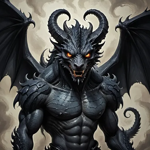 Prompt: Draw an animal with demonic features with an original appearance, but with distorted and sinister details. Its features should evoke the darkness and chaos of the Abyss: flaming eyes, twisted claws, dark skin with scales, and perhaps even membranous wings or curved horns.

The image should be in Digital Art style with a quality similar to oil painting, characterized by strong contrasts between light and shadow. The textures should give an impression of depth and richness, akin to those of a traditional painting.