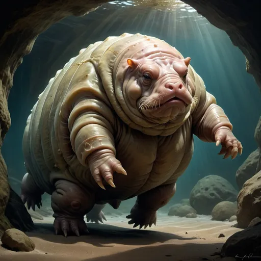 Prompt: A Giant Tardigrade in a dynamic and interesting pose. The scene features strong contrasts between light and shadow, with textures that provide a sense of depth and richness akin to traditional painting. The creature is shown in a detailed, lifelike manner with an environment that emphasizes its size and formidable presence. The image should be in Digital Art style with a quality similar to oil painting, characterized by strong contrasts between light and shadow. The textures should give an impression of depth and richness, akin to those of a traditional painting.