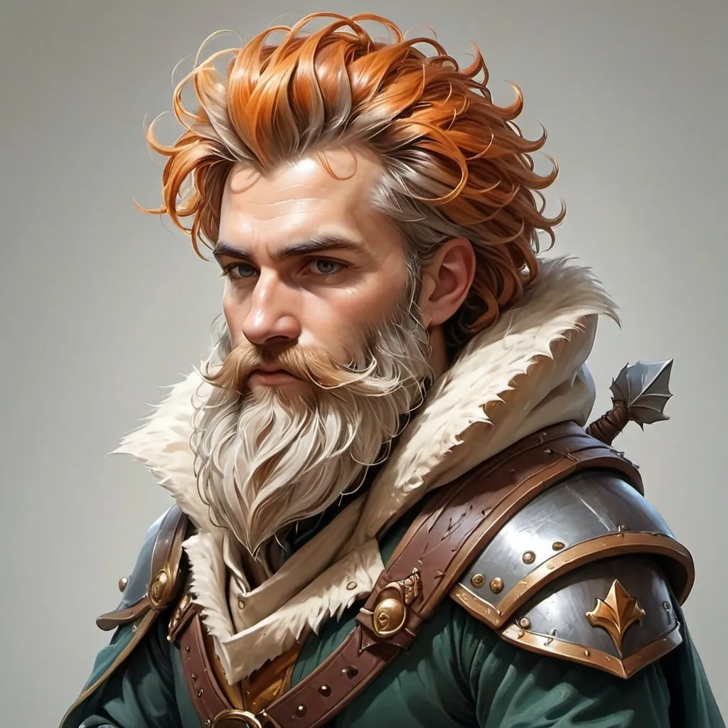 Prompt: Disegna un Nano maschio Chierico per un gioco fantasy, con una Folta barba e Capelli lunghi di colore uniforme, Indossa Cotta di maglia con un cappuccio di pelle bianco con i bordi dorati.