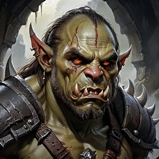 Prompt: Draw an orc with an original appearance, but with distorted and sinister details. Its features should evoke the darkness and chaos of the Abyss: flaming eyes, twisted claws, dark skin with scales, and perhaps even membranous wings or curved horns. The image should be in Digital Art style with a quality similar to oil painting, characterized by strong contrasts between light and shadow. The textures should give an impression of depth and richness, akin to those of a traditional painting.