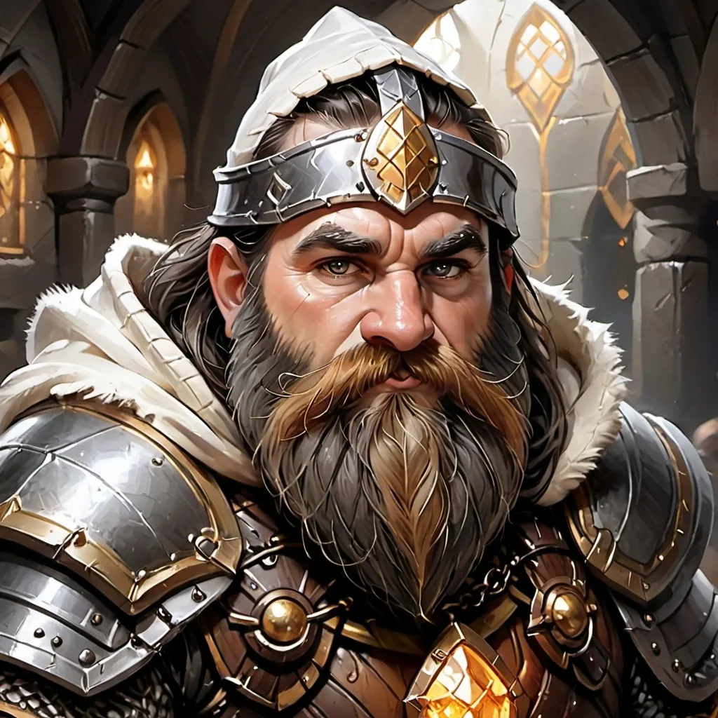 Prompt: Draw the portrait of a male Dwarf Cleric for a fantasy game, with a thick beard and long, uniformly black hair. He is wearing chainmail with a white leather hood trimmed with gold. His physique is stocky and muscular. The clothing colors are light, with a predominance of white and gold to reflect his rank as a good cleric.