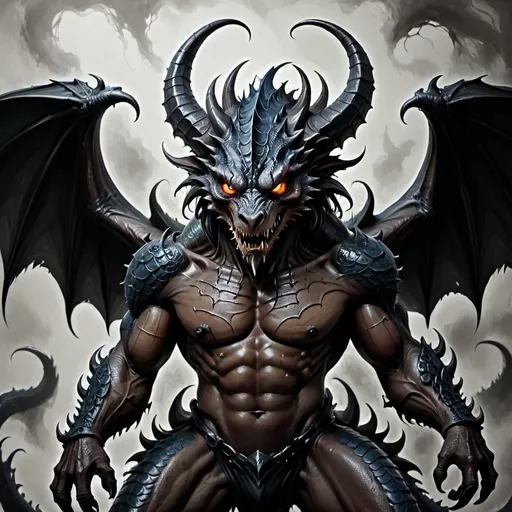 Prompt: Draw an animal with demonic features with an original appearance, but with distorted and sinister details. Its features should evoke the darkness and chaos of the Abyss: flaming eyes, twisted claws, dark skin with scales, and perhaps even membranous wings or curved horns.

The image should be in Digital Art style with a quality similar to oil painting, characterized by strong contrasts between light and shadow. The textures should give an impression of depth and richness, akin to those of a traditional painting.