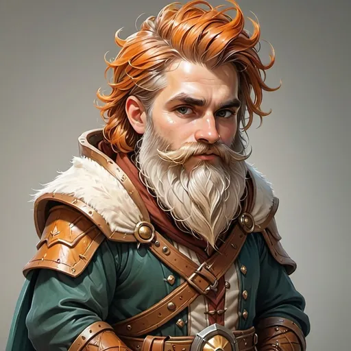 Prompt: Disegna un Nano maschio Chierico per un gioco fantasy, con una Folta barba e Capelli lunghi di colore uniforme, Indossa Cotta di maglia con un cappuccio di pelle bianco con i bordi dorati.