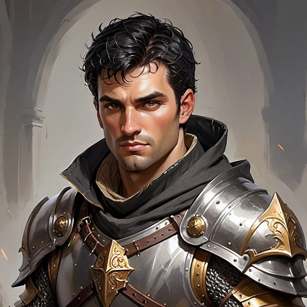 Prompt: Draw the portrait of a male Human Paladin for a fantasy game, with fluent black hair and burnsides. He is wearing chainmail with a leather hood and the typical garments of noble paladins. His physique is lean and muscular. The clothing colors are light, with a predominance of white and gold to reflect his rank as a good, unblemished, and fearless Paladin.