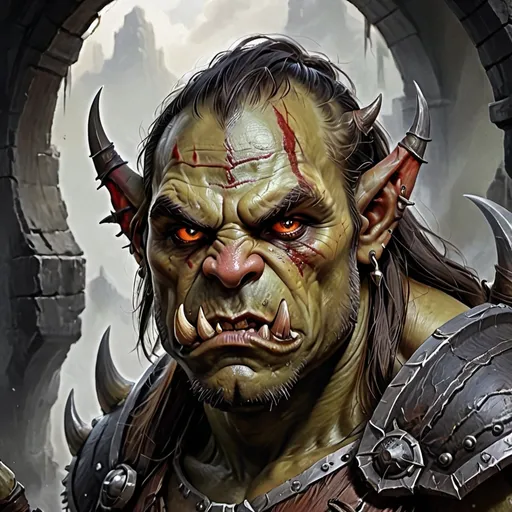 Prompt: Draw an orc with an original appearance, but with distorted and sinister details. Its features should evoke the darkness and chaos of the Abyss: flaming eyes, twisted claws, dark skin with scales, and perhaps even membranous wings or curved horns. The image should be in Digital Art style with a quality similar to oil painting, characterized by strong contrasts between light and shadow. The textures should give an impression of depth and richness, akin to those of a traditional painting.