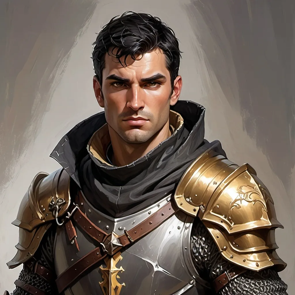 Prompt: Draw the portrait of a male Human Paladin for a fantasy game, with fluent black hair and burnsides. He is wearing chainmail with a leather hood and the typical garments of a war priest. His physique is lean and muscular. The clothing colors are light, with a predominance of white and gold to reflect his rank as a good, unblemished, and fearless Paladin.