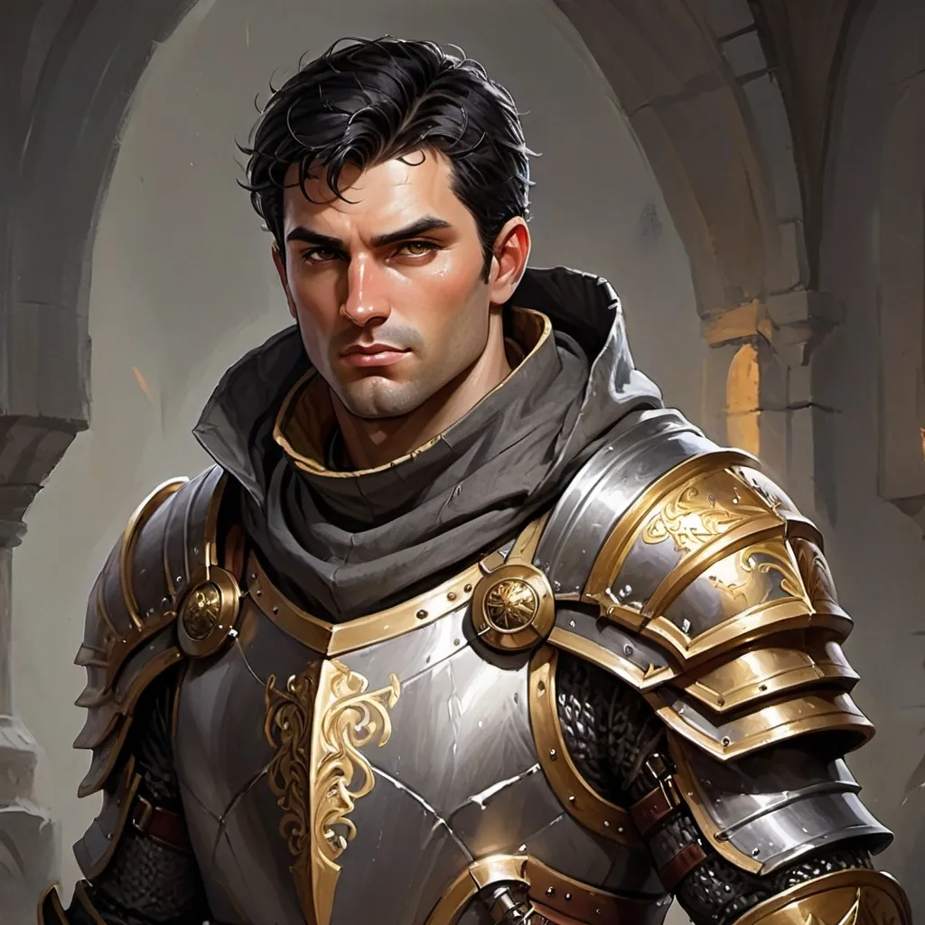 Prompt: Draw the portrait of a male Human Paladin for a fantasy game, with fluent black hair and burnsides. He is wearing chainmail with a leather hood and the typical garments of noble paladins. His physique is lean and muscular. The clothing colors are light, with a predominance of white and gold to reflect his rank as a good, unblemished, and fearless Paladin.