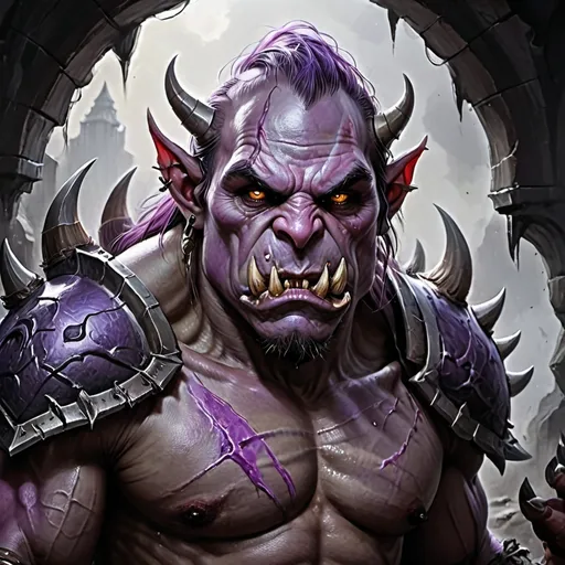 Prompt: Draw an orc with purple skin with an original appearance, but with distorted and sinister details. Its features should evoke the darkness and chaos of the Abyss: flaming eyes, twisted claws, dark skin with scales, and perhaps even membranous wings or curved horns. The image should be in Digital Art style with a quality similar to oil painting, characterized by strong contrasts between light and shadow. The textures should give an impression of depth and richness, akin to those of a traditional painting.