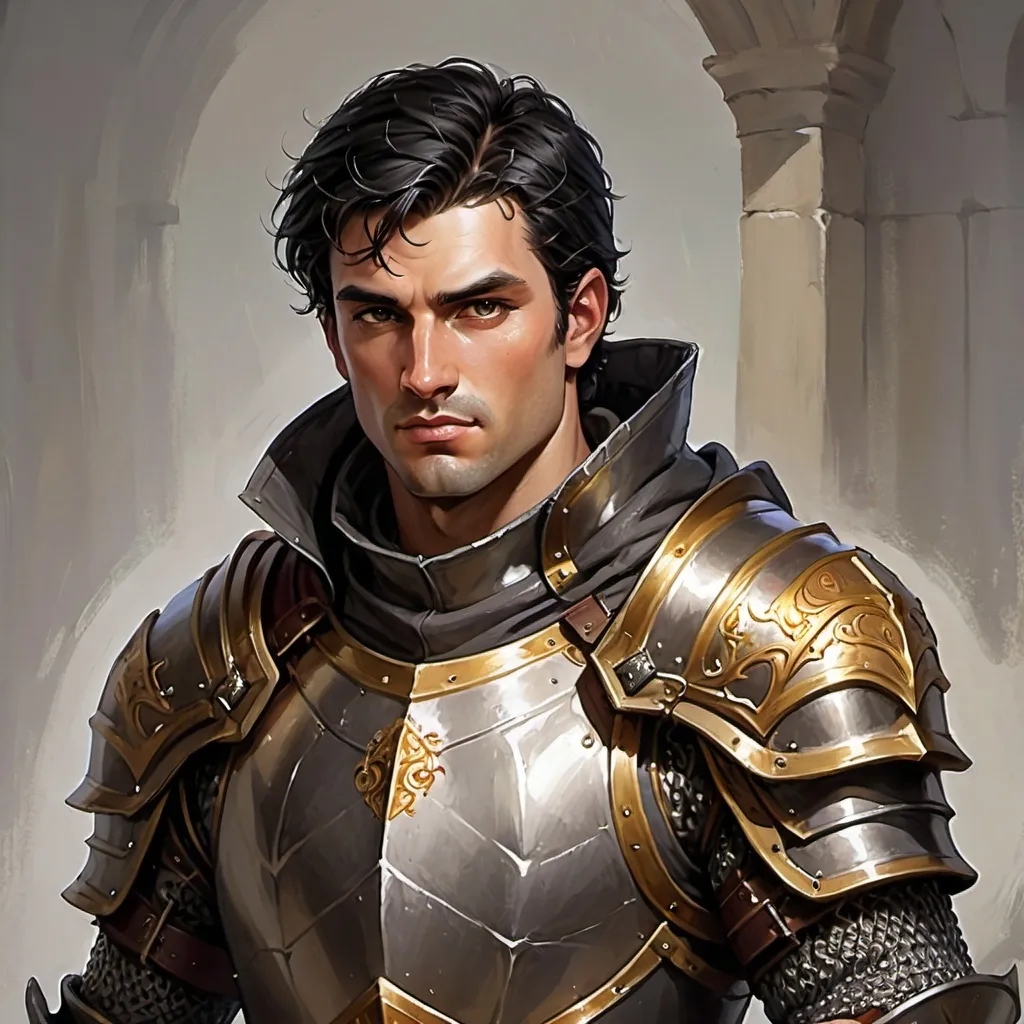 Prompt: Draw the portrait of a male Human Paladin for a fantasy game, with fluent black hair and burnsides. He is wearing chainmail with a leather hood and the typical garments of noble paladins. His physique is lean and muscular. The clothing colors are light, with a predominance of white and gold to reflect his rank as a good, unblemished, and fearless Paladin.