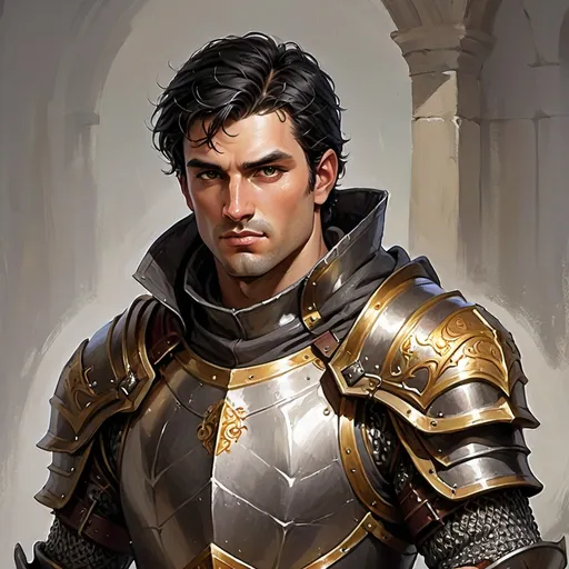 Prompt: Draw the portrait of a male Human Paladin for a fantasy game, with fluent black hair and burnsides. He is wearing chainmail with a leather hood and the typical garments of noble paladins. His physique is lean and muscular. The clothing colors are light, with a predominance of white and gold to reflect his rank as a good, unblemished, and fearless Paladin.