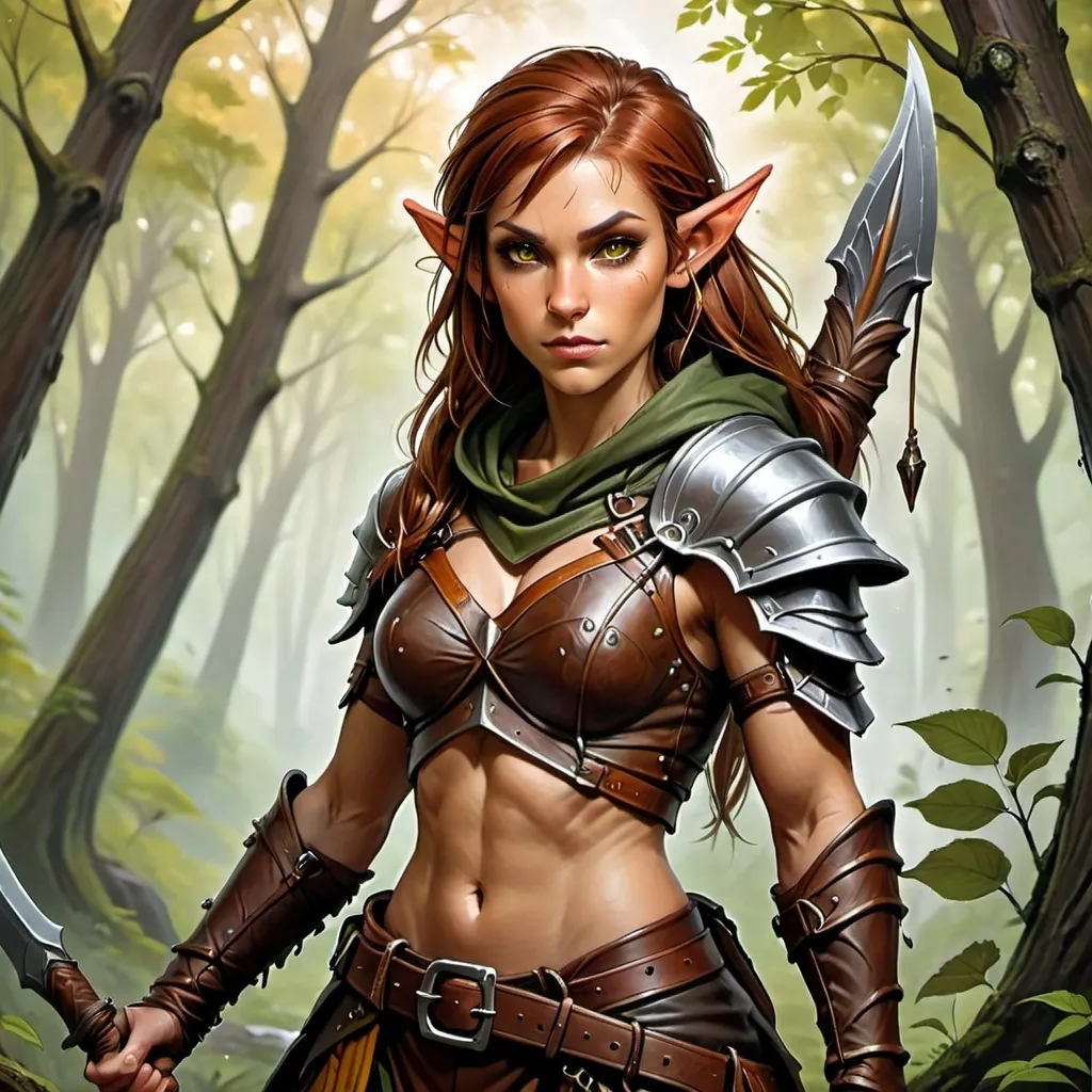 Prompt: Draw a female Wood Elf Warrior for a fantasy game, with thick rust-brown hair. She is wearing leather armor with a leather hood and typical warrior garments, but her arms are left uncovered. Her physique is lean and muscular. The clothing colors are those of nature, with bright and light tones, predominantly green and yellow, to reflect her rank as a warrior protector of the forests.