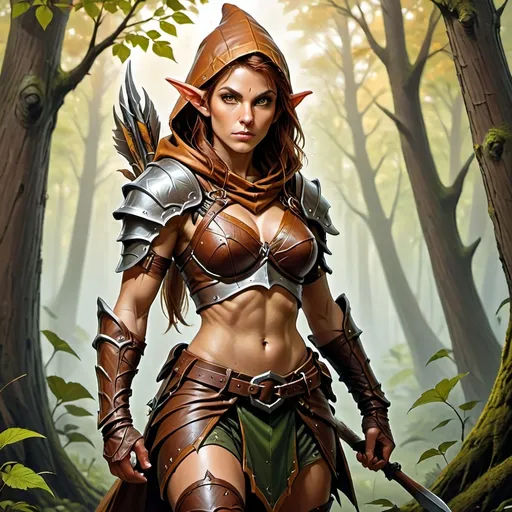 Prompt: Draw a female Wood Elf Warrior for a fantasy game, with thick rust-brown hair. She is wearing leather armor with a leather hood and typical warrior garments, but her arms are left uncovered. Her physique is lean and muscular. The clothing colors are those of nature, with bright and light tones, predominantly green and yellow, to reflect her rank as a warrior protector of the forests.