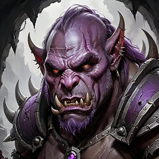 Prompt: Draw an orc with purple skin with an original appearance, but with distorted and sinister details. Its features should evoke the darkness and chaos of the Abyss: flaming eyes, twisted claws, dark skin with scales, and perhaps even membranous wings or curved horns. The image should be in Digital Art style with a quality similar to oil painting, characterized by strong contrasts between light and shadow. The textures should give an impression of depth and richness, akin to those of a traditional painting.