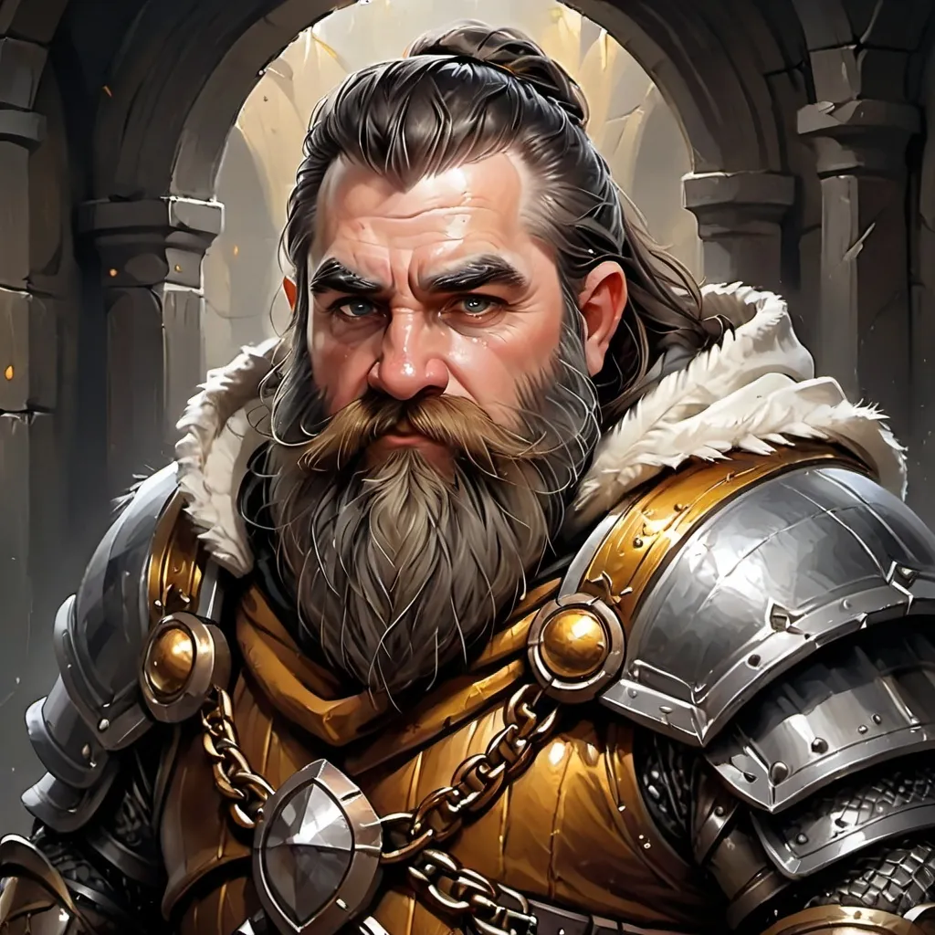 Prompt: Draw the portrait of a male Dwarf Cleric for a fantasy game, with a thick beard and long, uniformly black hair. He is wearing chainmail with a white leather hood trimmed with gold. His physique is stocky and muscular. The clothing colors are light, with a predominance of white and gold to reflect his rank as a good cleric. The image is in Digital Art style with a quality similar to oil painting, characterized by strong contrasts between light and shadow. The textures should convey a sense of depth and richness, similar to that of a traditional painting.