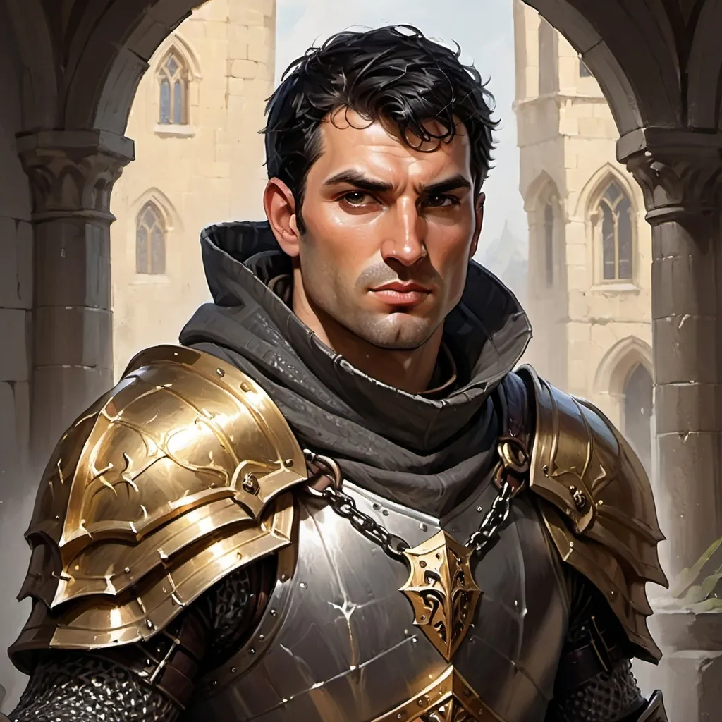 Prompt: Draw the portrait of a male Human Paladin for a fantasy game, with fluent black hair and burnsides. He is wearing chainmail with a leather hood and the typical garments of a war priest. His physique is lean and muscular. The clothing colors are light, with a predominance of white and gold to reflect his rank as a good, unblemished, and fearless Paladin.