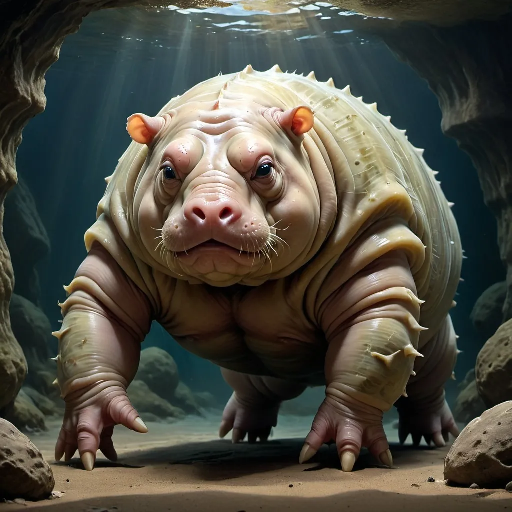 Prompt: A Giant Tardigrade in a dynamic and interesting pose. The scene features strong contrasts between light and shadow, with textures that provide a sense of depth and richness akin to traditional painting. The creature is shown in a detailed, lifelike manner with an environment that emphasizes its size and formidable presence. The image should be in Digital Art style with a quality similar to oil painting, characterized by strong contrasts between light and shadow. The textures should give an impression of depth and richness, akin to those of a traditional painting.