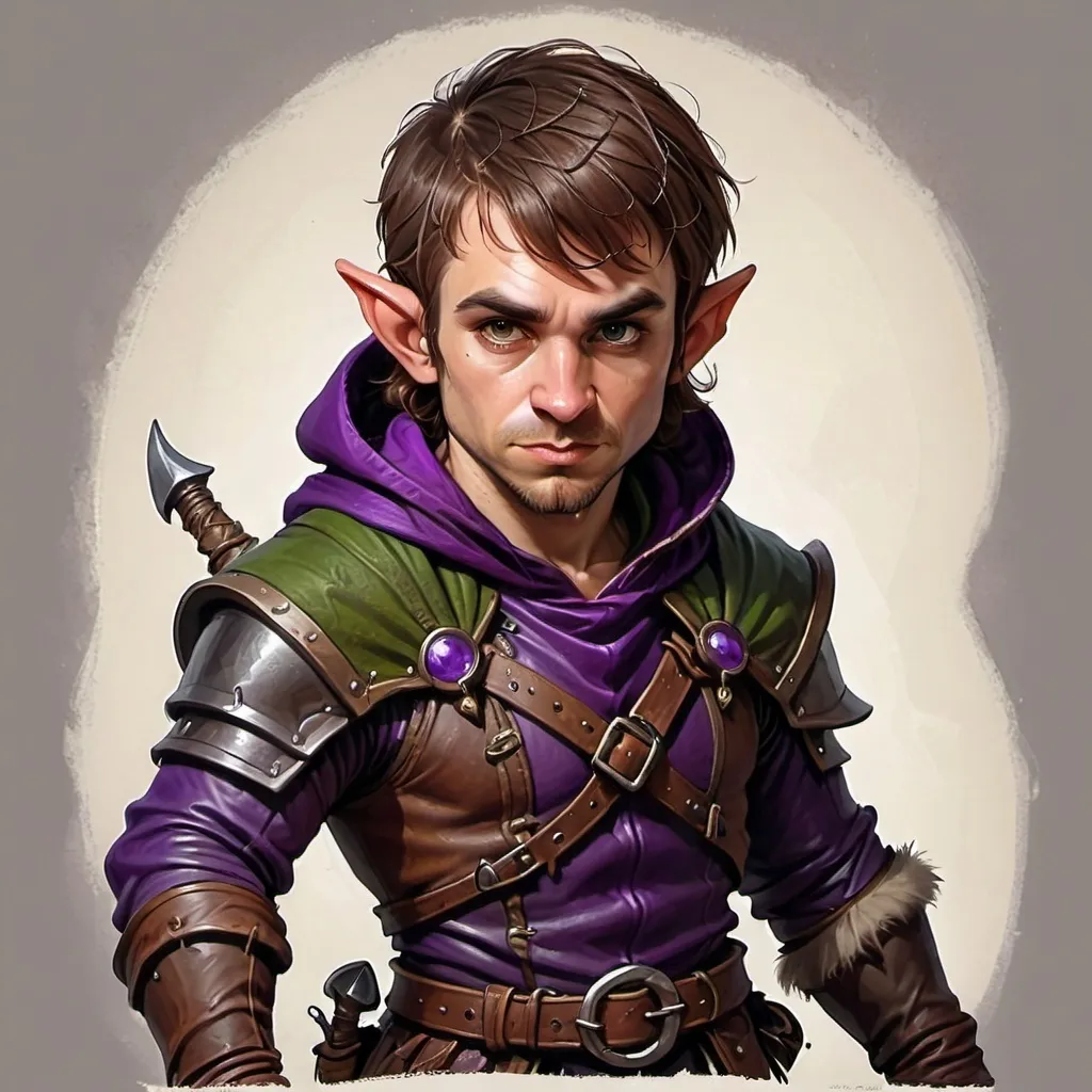 Prompt: Draw the portrait of a male Halfling Rogue for a fantasy game, with a short brown hair with sideburns. He is a leather armor with a hood over his head. His physique is slender and agile. The clothing colors are brouw, green and purple, with a predominance of desaturated color to reflect her rank as a rogue.