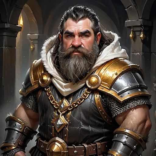 Prompt: Draw the portrait of a male Dwarf Cleric for a fantasy game, with a thick beard and long, uniformly black hair. He is wearing chainmail with a white leather hood trimmed with gold. His physique is stocky and muscular. The clothing colors are light, with a predominance of white and gold to reflect his rank as a good cleric. The image is in Digital Art style with a quality similar to oil painting, characterized by strong contrasts between light and shadow. The textures should convey a sense of depth and richness, similar to that of a traditional painting.