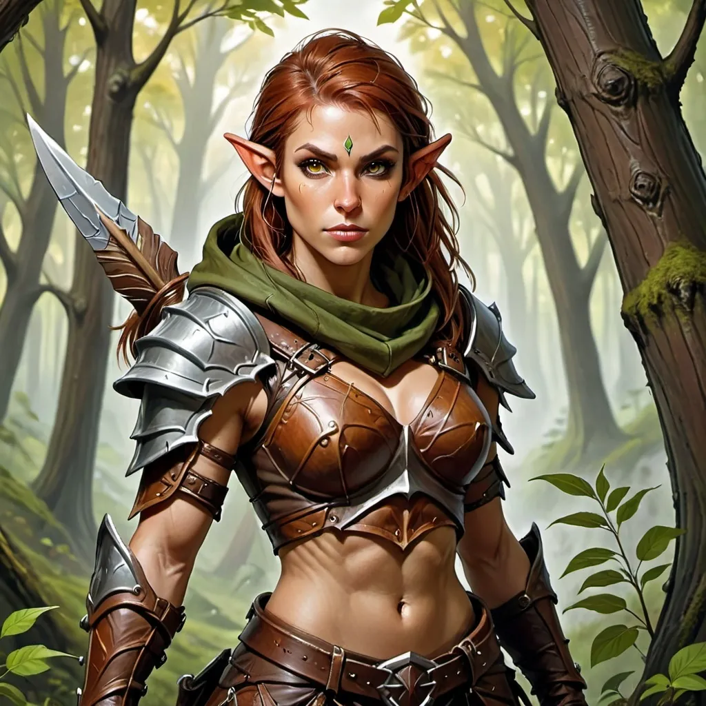 Prompt: Draw a female Wood Elf Warrior for a fantasy game, with thick rust-brown hair. She is wearing leather armor with a leather hood and typical warrior garments, but her arms are left uncovered. Her physique is lean and muscular. The clothing colors are those of nature, with bright and light tones, predominantly green and yellow, to reflect her rank as a warrior protector of the forests.