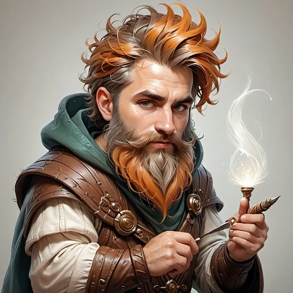 Prompt: Disegna un Nano maschio Chierico per un gioco fantasy, con una Folta barba e Capelli lunghi, Indossa Cotta di maglia con un cappuccio di pelle bianco con i bordi dorati.