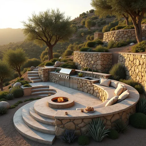 Prompt: A breathtaking Mediterranean terraced garden built into a sun-kissed hillside, designed with ancient stone retaining walls, curved stairs, and layered levels rich with aromatic plants. The centerpiece is a luxurious outdoor kitchen with a built-in stainless steel BBQ grill, a green ceramic kamado cooker, a sleek stone sink, and undercounter storage, all set in a hand-laid rustic stone island.

Above the kitchen area, a circular fire pit with a glowing flame is embedded in a cozy lounge framed by a semicircular stone wall. Around it, built-in stone seating with thick beige cushions invites gathering at sunset. Olive trees cast gentle shadows across the natural terrain, surrounded by rosemary, lavender, agaves, ornamental grasses, and scattered boulders.

Golden hour lighting illuminates the scene with warm ambient tones, casting cinematic shadows and sun flares. The ground is uneven and organic, covered in gravel and dry soil. The atmosphere is serene, romantic, and inspiring — a perfect harmony between structure and nature.

The composition should highlight elevation, organic flow, and the contrast between raw stone, soft textures, and green life. Photorealistic detail, ultra-sharp, 8K render quality, soft depth of field, warm color grading. A dream garden for modern natural living.