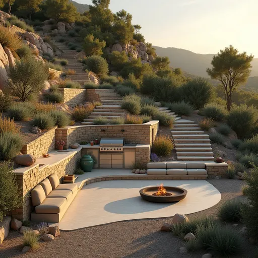 Prompt: A breathtaking Mediterranean terraced garden built into a sun-kissed hillside, designed with ancient stone retaining walls, curved stairs, and layered levels rich with aromatic plants. The centerpiece is a luxurious outdoor kitchen with a built-in stainless steel BBQ grill, a green ceramic kamado cooker, a sleek stone sink, and undercounter storage, all set in a hand-laid rustic stone island.

Above the kitchen area, a circular fire pit with a glowing flame is embedded in a cozy lounge framed by a semicircular stone wall. Around it, built-in stone seating with thick beige cushions invites gathering at sunset. Olive trees cast gentle shadows across the natural terrain, surrounded by rosemary, lavender, agaves, ornamental grasses, and scattered boulders.

Golden hour lighting illuminates the scene with warm ambient tones, casting cinematic shadows and sun flares. The ground is uneven and organic, covered in gravel and dry soil. The atmosphere is serene, romantic, and inspiring — a perfect harmony between structure and nature.

The composition should highlight elevation, organic flow, and the contrast between raw stone, soft textures, and green life. Photorealistic detail, ultra-sharp, 8K render quality, soft depth of field, warm color grading. A dream garden for modern natural living.