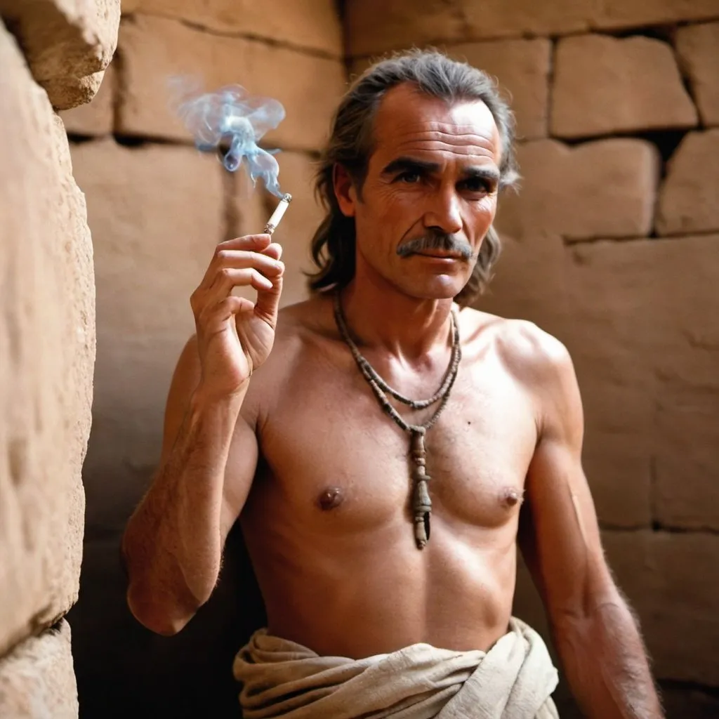 Prompt: Picture of a man holding cigarette at 1700 bc