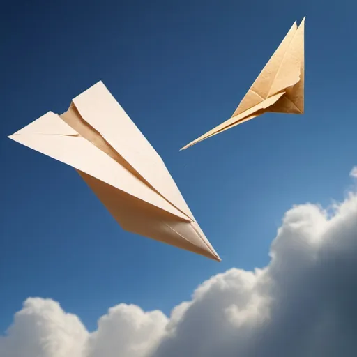 Prompt: now a bird hits the paper airplane high in the sky