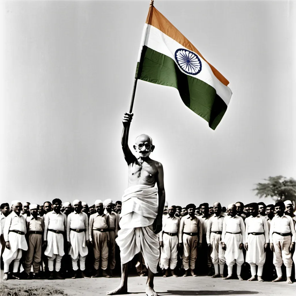 Prompt: Gandhiji hoisting flag in independence day 1947 background national flag wordings vandhe maatharam