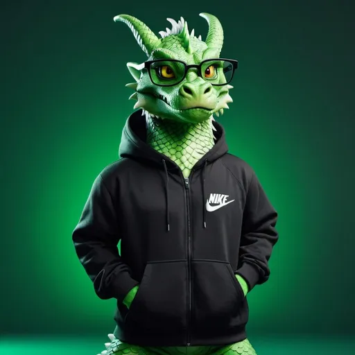 Prompt: Full body dragon wearing a black nike hoodie, pro meme glasses, in a professional pose, vibrant green background, high quality, realistic, professional, glasses, detailed fur, sleek design, vibrant green, full body, stylish, formal attire, atmospheric lighting