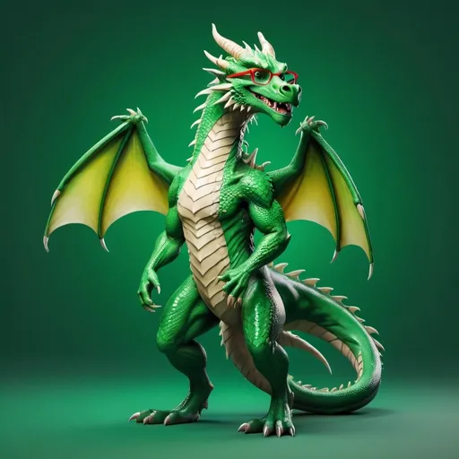 Prompt: Realistic full body dragon wearing casual clothes, in professional pose, vibrant green background, high quality, professional, detailed fur, sleek design, atmospheric lighting, realistic, stylish, formal attire, glasses, vibrant green