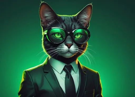 Prompt: Futuristic-sci-fi full body illustration of a sleek cat in a black suit, wearing pro meme glasses, set against a vibrant green background, highly detailed, professional, futuristic-sci-fi style, sleek design, highres, ultra-detailed, meme glasses, detailed fur, intense gaze, vibrant green, atmospheric lighting