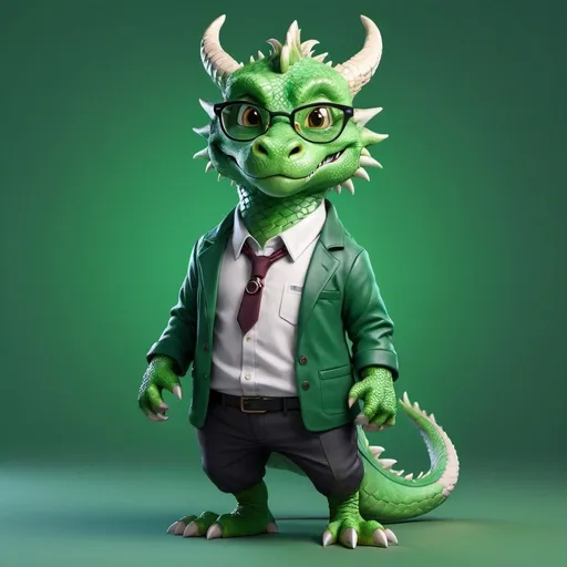 Prompt: Full body dragon wearing casual clothes, pro meme glasses, in a professional pose, vibrant green background, high quality, realistic, professional, glasses, detailed fur, sleek design, vibrant green, full body, stylish, formal attire, atmospheric lighting