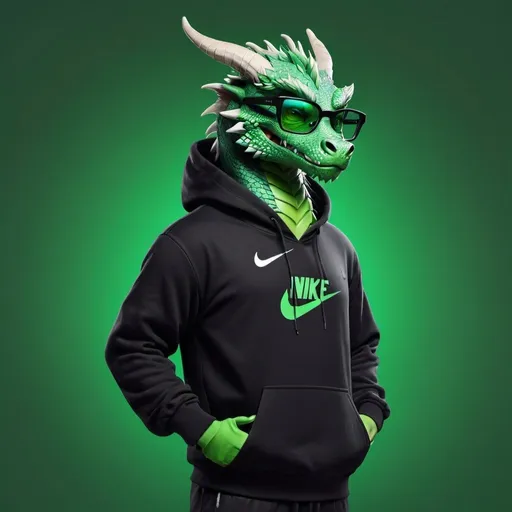 Prompt: Full body dragon wearing a black nike hoodie, pro meme glasses, in a professional pose, vibrant green background, high quality, realistic, professional, glasses, detailed fur, sleek design, vibrant green, full body, stylish, formal attire, atmospheric lighting