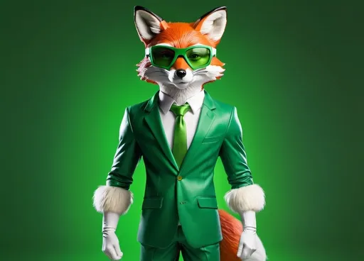 Prompt: Full body fox wearing a superhero suit, pro meme glasses, in a professional pose, vibrant green background, high quality, realistic, professional, glasses, detailed fur, sleek design, vibrant green, full body, stylish, formal attire, atmospheric lighting