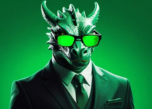 Prompt: Futuristic-sci-fi illustration of a formidable dragon in a sleek black suit, sporting professional green-tinted meme glasses, set against a vivid green background, ultra-detailed, highres, sci-fi, futuristic, dragon, sleek design, professional, green-tinted, meme glasses, full-body, intense gaze, futuristic lighting