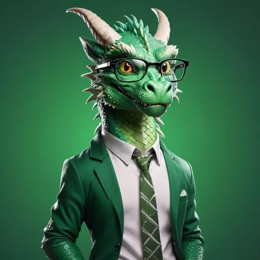 Prompt: Full body dragon wearing casual clothes, pro meme glasses, in a professional pose, vibrant green background, high quality, realistic, professional, glasses, detailed fur, sleek design, vibrant green, full body, stylish, formal attire, atmospheric lighting