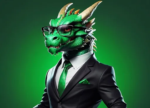 Prompt: Full body dragon wearing a black suit, pro meme glasses, in a professional pose, vibrant green background, high quality, realistic, professional, glasses, detailed fur, sleek design, vibrant green, full body, stylish, formal attire, atmospheric lighting