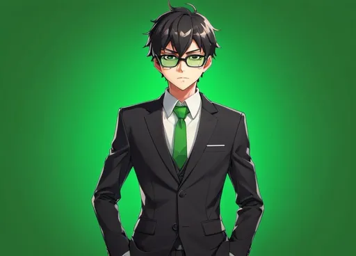 Prompt: Full body anime boy wearing a black suit, pro meme glasses, in a professional pose, vibrant green background, high quality, realistic, professional, glasses, detailed fur, sleek design, vibrant green, full body, stylish, formal attire, atmospheric lighting