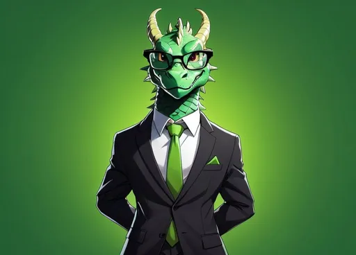Prompt: Full body anime dragon wearing a black suit, pro meme glasses, in a professional pose, vibrant green background, high quality, realistic, professional, glasses, detailed fur, sleek design, vibrant green, full body, stylish, formal attire, atmospheric lighting