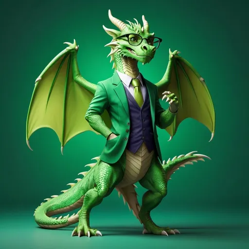 Prompt: full body dragon wearing casual clothes, in professional pose, vibrant green background, high quality, professional, detailed fur, sleek design, atmospheric lighting, realistic, stylish, formal attire, glasses, vibrant green