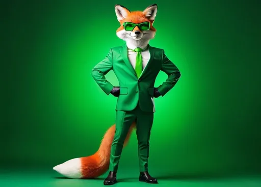 Prompt: Full body fox wearing a superhero suit, pro meme glasses, in a professional pose, vibrant green background, high quality, realistic, professional, meme glasses, detailed fur, sleek design, vibrant green, full body, stylish, formal attire, atmospheric lighting